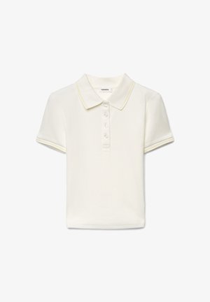 Polo bianca in tessuto a coste, con colletto, patta con cinque bottoni e strisce di accento giallo sulle maniche.