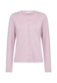 Fialový svetr vyrobený z lehké pleteniny. Má kulatý výstřih, dlouhé rukávy a siete odpovídajících knoflíků vpředu.