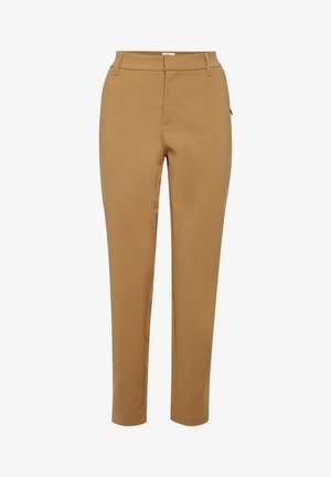 Smeđe uske hlače od glatkog, rastezljivog materijala. Imaju petlje za remen i jednu stražnju džep na desnoj strani. Krojački dizajn.