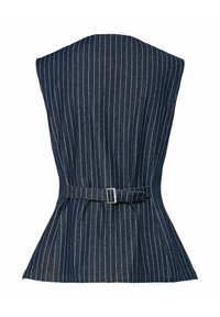 Chaleco de pinstripe navy con un diseño ajustado, que presenta una cintura con cinturón y hombros estructurados. Hecho de una tela texturizada con un mínimo de detalles.