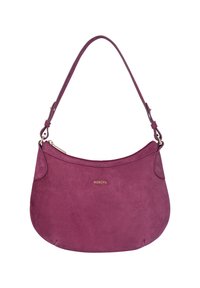 Purple suede handbag with a curved shape, single shoulder strap, and a zip closure. Features a gold logo subtly placed on the front.