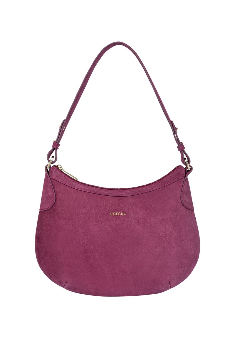 Purple suede handbag with a curved shape, single shoulder strap, and a zip closure. Features a gold logo subtly placed on the front.