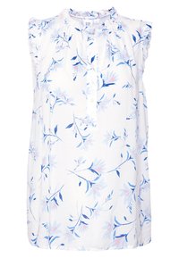 Blusa bianca senza maniche con scollatura arricciata, caratterizzata da un motivo floreale blu e rosa, un'apertura con bottoni e bordi delle spalle arricciati.