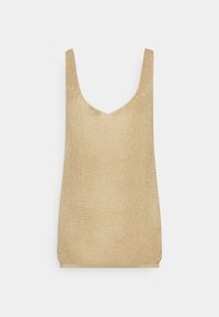 Goldene ärmellose Bluse aus weichem, strukturiertem Stoff. Sie verfügt über einen tiefen V-Ausschnitt und eine lockere Passform, die sich sowohl zum Schichten als auch zum alleinigen Tragen eignet.