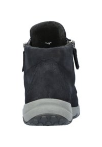 Schwarzer Wildleder-Stiefelette mit grauer Gummisohle. Verfügt über einen Reißverschluss und einen gepolsterten Kragen für Komfort. Die strukturierte Oberfläche sorgt für Details.