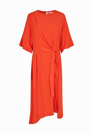 Red midi dress made of lightweight fabric, featuring a wrap design, short flutter sleeves, and a tied waist detail. Smooth, plain texture.