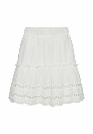 Fustă albă din bumbac, cu volane și talie elastică, având o delicată dantelă brodată cu margini ondulate și motive decupate pe margine.