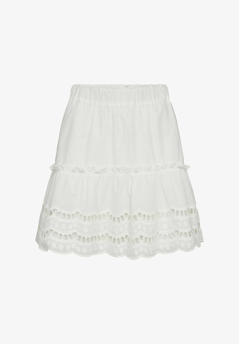 Fehér pamut, lépcsős szoknya rugalmas derékkal, finom hímzett, hullámos széllel és kivágott mintákkal a szegély mentén.