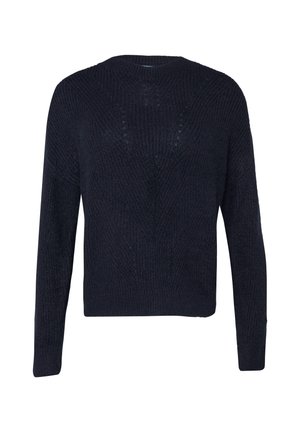 Tumsā zila adīta džemperis ar apaļu kakla izgriezumu, garām piedurknēm, teksturētu rakstu un ribotu apakšmalu. Iezīmē ģeometrisku šuvju dizainu.