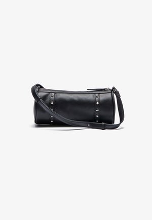 Black leather shoulder bag with a cylindrical shape, featuring silver studs along the sides and a zip closure. Includes a detachable strap.