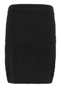 Gonna nera di maglia con un motivo a diamante testurizzato, caratterizzata da un elastico in vita e un tessuto morbido. Adatta per uno stile versatile.