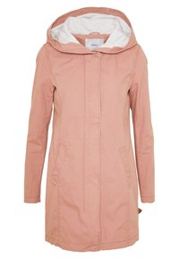 Jasnoróżowa kurtka o długości do połowy uda z kapturem, dwiema bocznymi kieszeniami i zamkiem błyskawicznym z przodu. Wykonana z gładkiego materiału o czystym, prostym designie.
