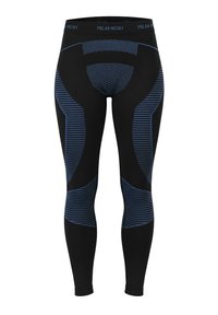 Schwarze Leggings mit blauen geometrischen und gestreiften Mustern. Verfügt über einen verstärkten Taillenbund und einen strukturierten Rückenbereich für zusätzlichen Halt.