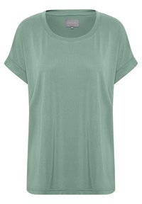 Mátově zelené tričko s krátkým rukávem, kulatým výstřihem, volným střihem a hladkým textilním povrchem. Není viditelný žádný výrazný vzor ani kovové prvky.