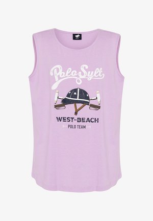 Ärmelloses lila Shirt aus Baumwolle mit einem "Polo Sylt" Grafikdesign, das einen Helm und Schläger zeigt, sowie dem Text "WEST-BEACH POLO TEAM".