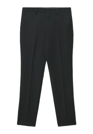 Pantalon noir sur mesure avec passants de ceinture, fermeture éclair à l'avant et fines rayures verticales, présenté à plat sur fond blanc.