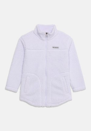 Veste polaire blanche zippée intégralement, col montant, deux poches avant et logo Columbia sur la poitrine gauche.