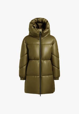 Olivově zelená péřová bunda s vysokým límcem, zipovým uzávěrem a elastickými manžetami. Vyrobena z lesklého, voděodolného materiálu s prošívaným designem.