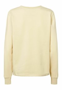 Gaiši beidzīgs džemperis, garām piedurknēm, ar ribotām aprocēm un kakla izgriezumu, gluda tekstūra, ikdienas dizains, vienkrāsains bez redzamām rakstām vai rotājumiem.