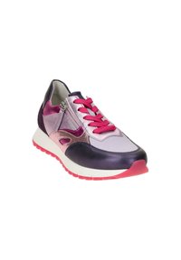 Multicolored sneaker featuring pink laces, shiny purple, pink, and metallic materials, with a white sole and pink accents.