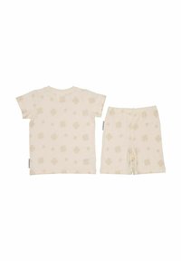 Kortærmet top og shorts sæt i cremefarve, med et subtilt blomstermønster i lys beige. Blødt bomuldsstof med elastisk talje.