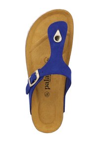 Infradito blu in pelle scamosciata con una suola in sughero marrone, caratterizzati da una fibbia argentata e un accento metallico circolare. Sole piatto con minimo battistrada.