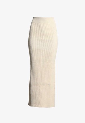Jupe crayon en tricot côtelé couleur crème, taille haute et longueur cheville.