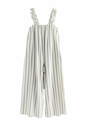 Gestreifter Jumpsuit in Weiß und Hellblau, mit Rüschenträgern, elastischer Taille und weit geschnittenem Bein. Hergestellt aus leichtem Stoff.