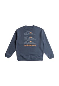 Sudadera azul marina con un diseño gráfico de montañas y olas en gris y naranja en la parte de atrás, con puños acanalados y cuello redondo.