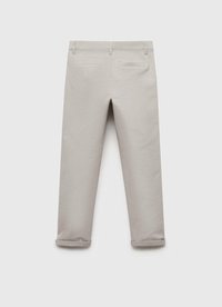 Lichtgrijze katoenen broek met een rechte pijpdesign, voorzien van twee achterzakken en dubbelgevouwen zoom. De stof heeft een gladde textuur.