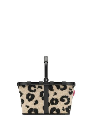 Rectangular basket with black and beige leopard print fabric and a single black handle extending upward from the center.