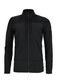 Black zip-up jacket made of textured fabric, featuring a high collar, two zippered chest pockets, and fitted sleeves.