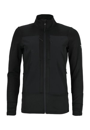 Black zip-up jacket made of textured fabric, featuring a high collar, two zippered chest pockets, and fitted sleeves.