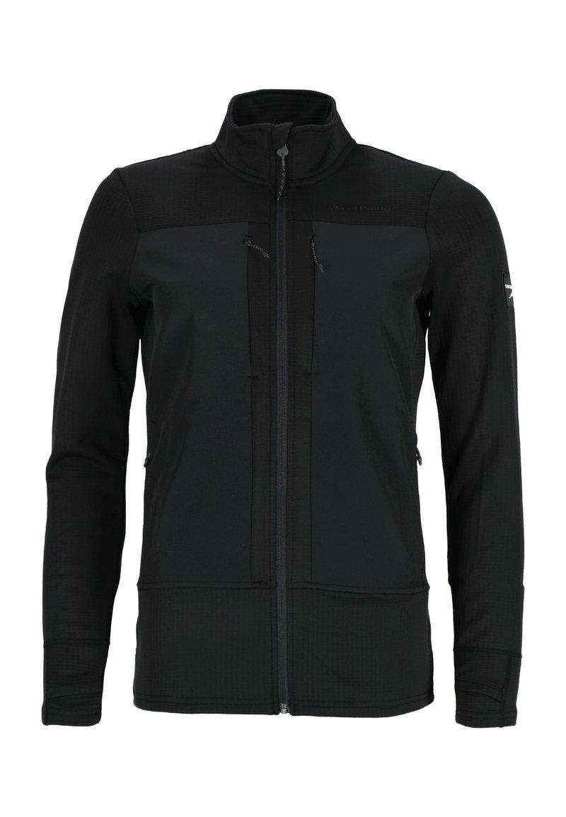 Black zip-up jacket made of textured fabric, featuring a high collar, two zippered chest pockets, and fitted sleeves.