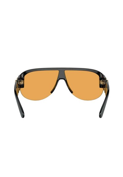 Occhiali da sole con montatura nera e lenti arancioni oversized, caratterizzati da un design elegante e aste curve, che mettono in risalto un'estetica moderna.