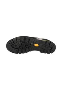 Suola di scarpa nera con un motivo di battistrada robusto, caratterizzata da scanalature profonde e un logo arancione centrale. I bordi rinforzati garantiscono durata.