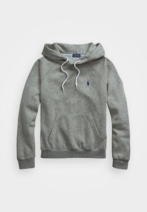 Sweat à capuche gris avec poche avant, cordons blancs, poignets côtelés et petit logo Polo Ralph Lauren bleu marine sur le côté gauche de la poitrine.