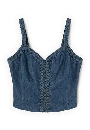 Niebieski, dżinsowy krótki top na ramiączkach z plecionymi paskami i plecionym wykończeniem przy dekolcie oraz na środku przodu.