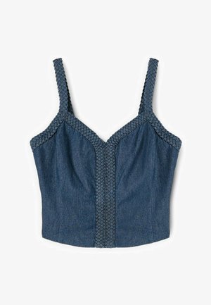 Top corto in denim blu con spalline intrecciate e rifinitura intrecciata lungo lo scollo e il centro davanti.