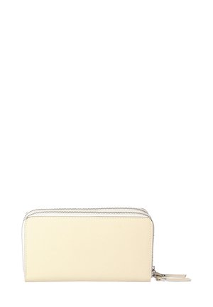 Zippered wallet in light beige textured material, featuring silver hardware and a sleek rectangular shape with visible stitching.