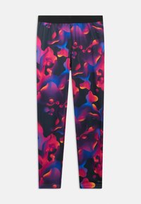 Fitted leggings with a black background featuring a colorful abstract pattern in pink, purple, and blue. Soft, stretchy fabric with a smooth texture.