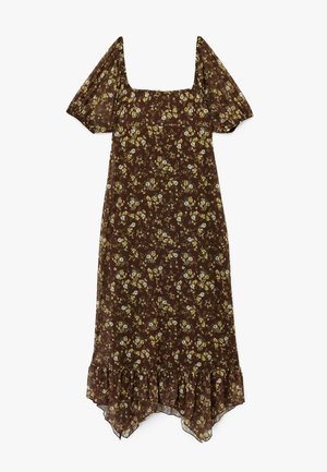 Ruskea kukkamekko, jossa on neliön muotoinen pääntie, lyhyet puffihihat ja röyhelöhelma. Valmistettu kevyestä kankaasta, jossa on keltaisia ja sinisiä kuvioita.