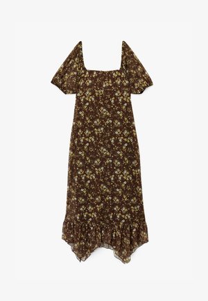 Abito floreale marrone con scollatura quadrata, maniche a palloncino corte e orlo arricciato. Realizzato in un tessuto leggero con motivi gialli e blu.