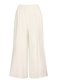 Lys beige, vidde bukser med elastisk talje og lodret stribet mønster. Fremstillet af et blødt, struktureret stof.