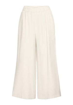 Lys beige, vidde bukser med elastisk talje og lodret stribet mønster. Fremstillet af et blødt, struktureret stof.