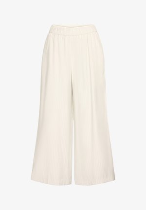 Lys beige, vidde bukser med elastisk talje og lodret stribet mønster. Fremstillet af et blødt, struktureret stof.