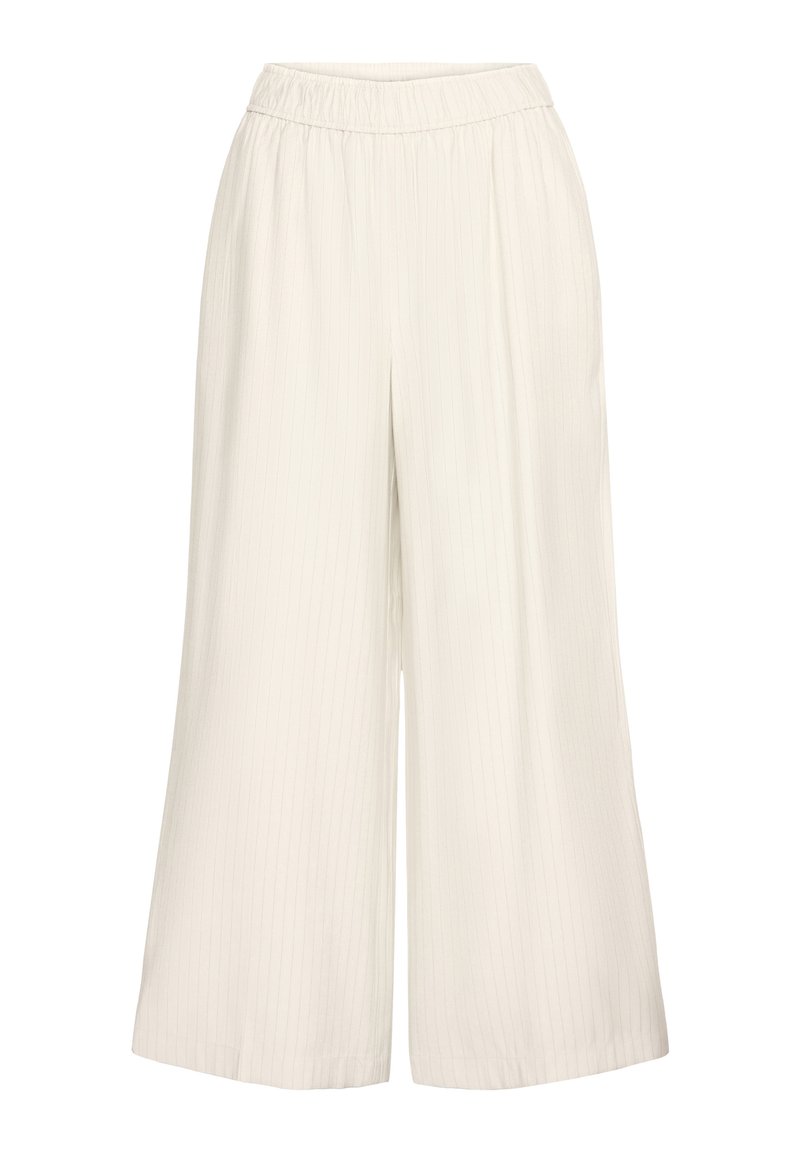 Lys beige, vidde bukser med elastisk talje og lodret stribet mønster. Fremstillet af et blødt, struktureret stof.