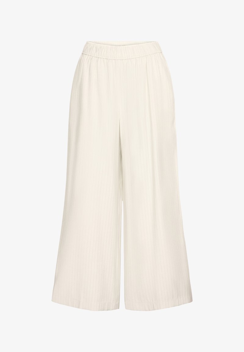 Lys beige, vidde bukser med elastisk talje og lodret stribet mønster. Fremstillet af et blødt, struktureret stof.