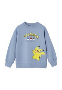 Helles blaues Sweatshirt aus Baumwolle mit gerippten Bündchen. Mit einem Grafikdesign von Pikachu sowie dem Text "POKÉMON" und "BEREIT FÜR DEN KAMPF!".