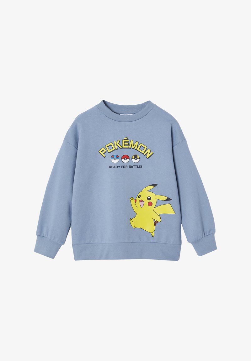 Helles blaues Sweatshirt aus Baumwolle mit gerippten Bündchen. Mit einem Grafikdesign von Pikachu sowie dem Text "POKÉMON" und "BEREIT FÜR DEN KAMPF!".